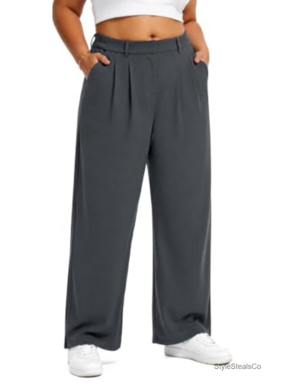 Plus Size Wide Leg Dress Pants with Pleats and Pockets